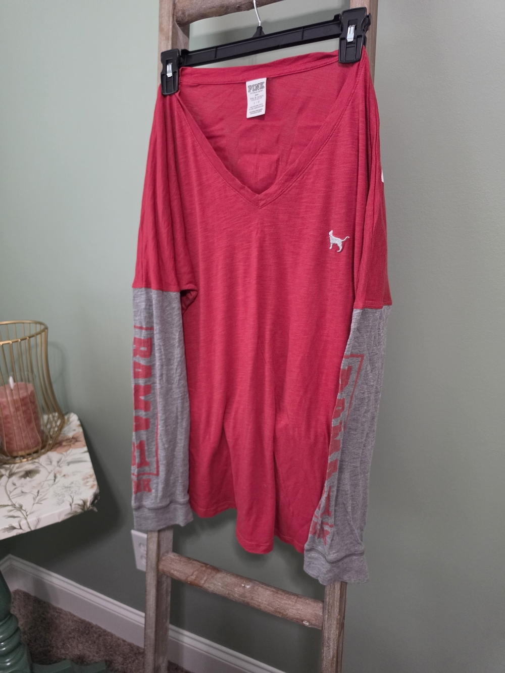 PINK Victoria's Secret Red V-Neck Long Sleeve Sleep Tee with Gray Sleeves
